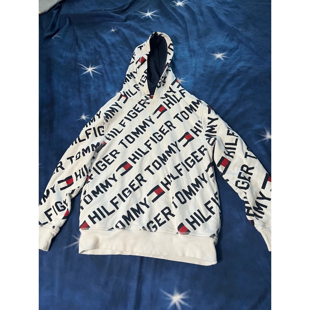 Tommy Hilfiger Boys White All Over Logo Print Hoodie Sweatshirt Size M 12-14